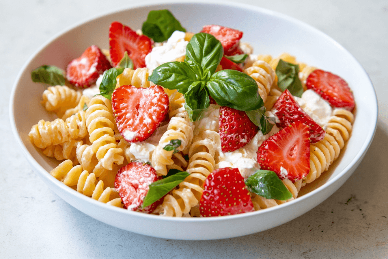 Makaron z truskawkami, mascarpone i bazylią