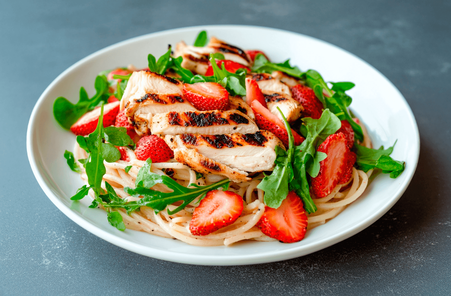 Spaghetti z truskawkami, grillowanym kurczakiem i balsamico
