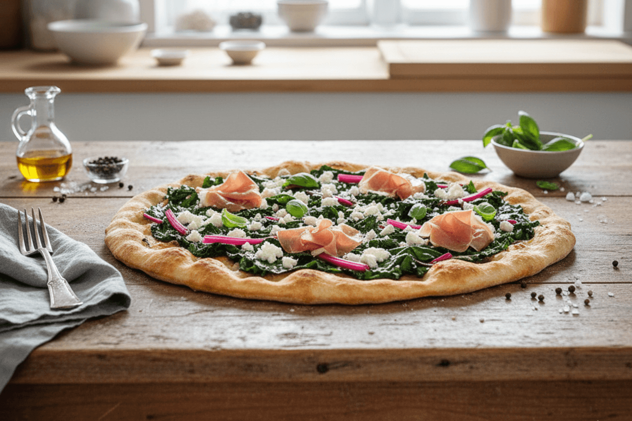 Podpłomyk z botwiną, szynką parmeńską i serem feta