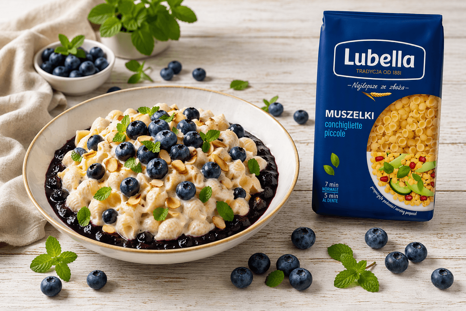 Makaronowe muszelki z jagodowym serniczkiem