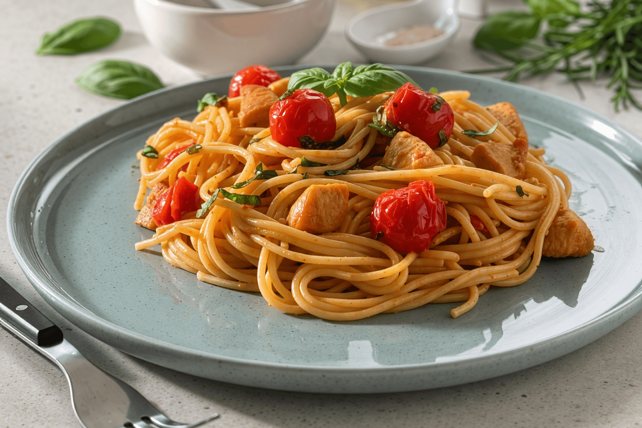 Spaghetti orkiszowe z pieczonymi pomidorami, mascarpone i oliwą