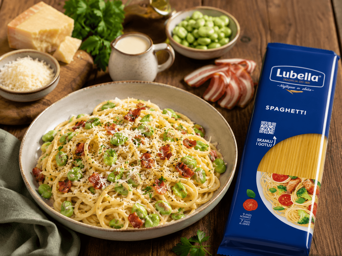 Makaron carbonara z bobem