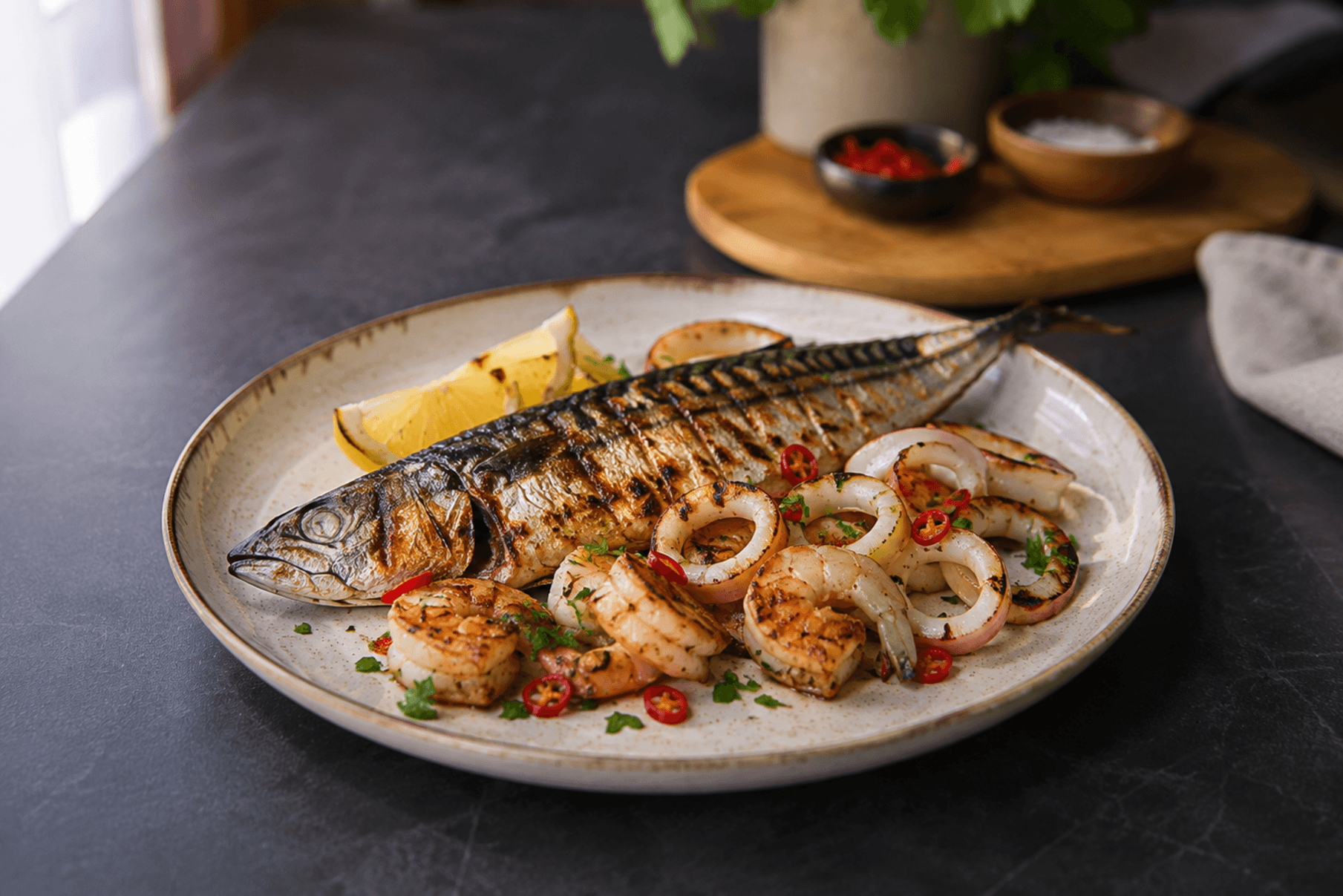 Grillowana makrela z owocami morza z chilli